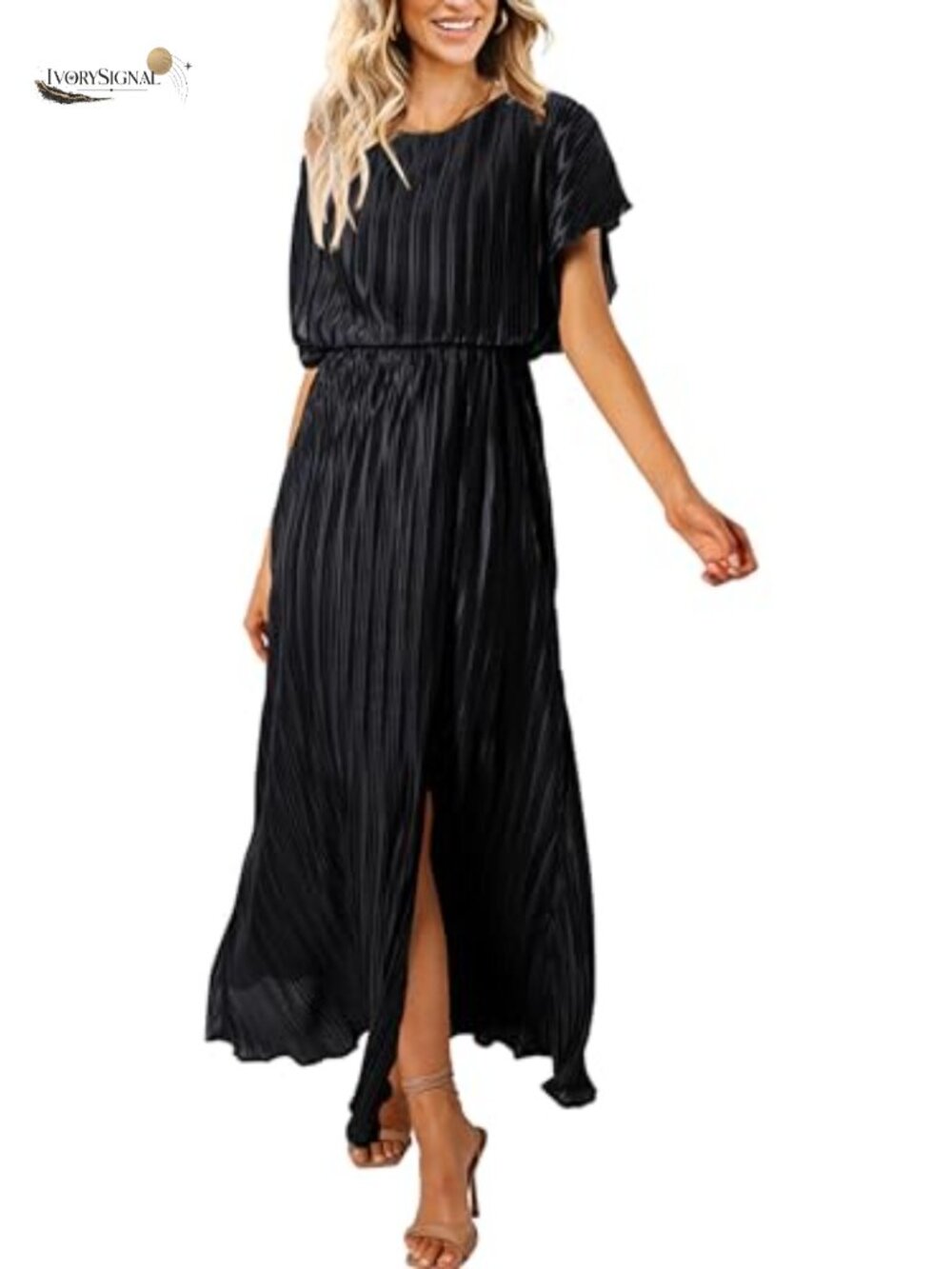 Women Maxi Dress Short Sleeve Pleated Slit Formal Wedding Guest Evening Gown